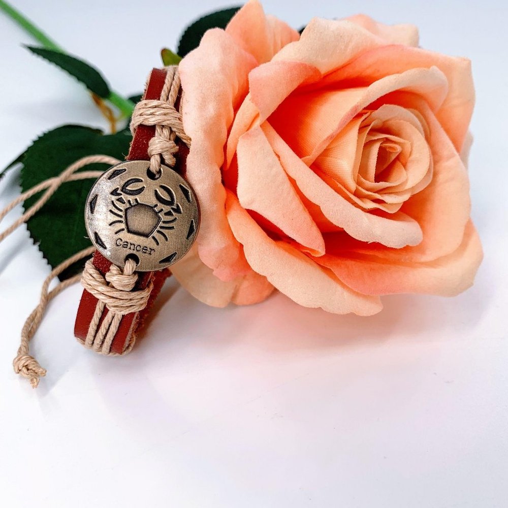 Zodiac Sign Cancer‎ Bracelet Rustic Vintage Leather